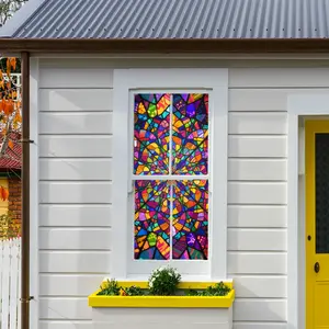 A new creative art-style multi-color square geometric large-sized window sticker, double-sided visible static glass sticker, for bedroom, living room, bathroom window decoration, Window Decorations Supplies, model D20495, Decorative Stickers