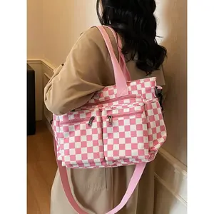 New Plaid Geometric Pattern Tote Bag Women Large Capacity Casual Versatile Corduroy Commuter Handbag Crossbody Bag