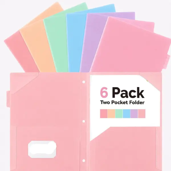 Plastic Folders with Pockets and Tabs, 6 Pack Pocket Folders with Writable Label Stickers, Fits 3-Ring Binder, Holds Letter/A4 Size Paper, Back to School Office Filing Supplies, Pastel Colors