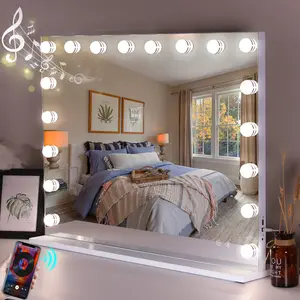 Vanity Mirror with Lights 31.5''x22.8'' Tempered Glass Large Hollywood Mirror with 18 Dimmable Bulbs for Makeup, Table/Hanging Bluetooth Speaker Mirror with Touch Screen & USB Charge Port, Led Lighted Mirror, Home Decorative Mirror