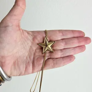 NOELYS Gold Star Necklace 18K Gold Finish Stainless Steel Adjustable Long Chain Pendant 1.28” x 1.22” for Celestial Style