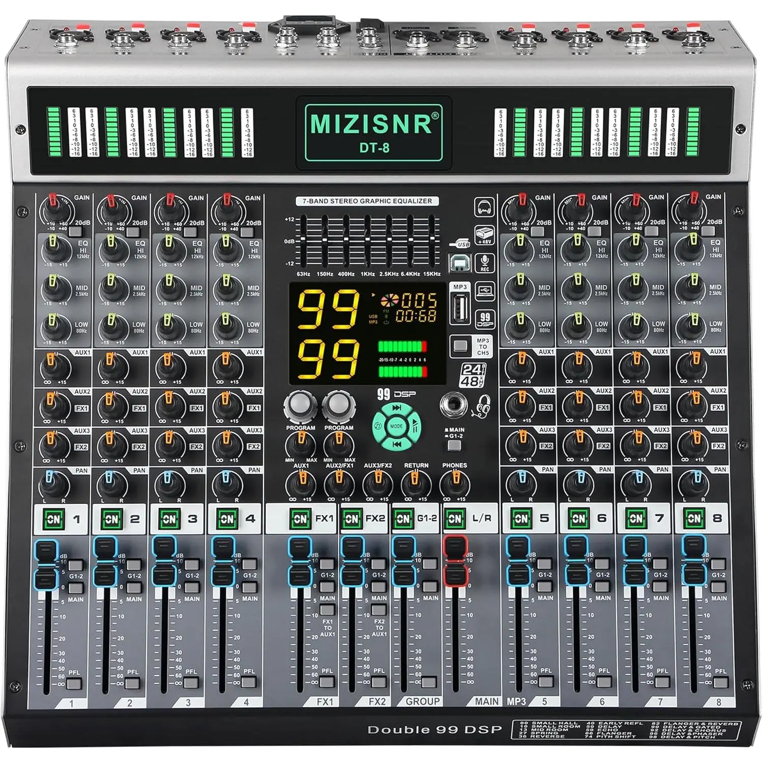 8-Channel Professional Acoustic DJ Mixer Amplifier Set - Adjustable, 99DSP Effects, 7-Band EQ, USB 2.0/ Bluetooth, 48V Phantom Power, Mute, XLR Input, Car Audio Console for Studio DJs, Live Performances