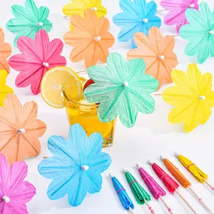 For Tiki Bars, Pool, Picnics & Parties, Drink & Dessert Decoration Solution, Colorful Wooden Cocktail Umbrella Picks, Tropical Style Flower Topper, Effortlessly Handle Tropical Drink & Dessert Decoration, 150 Pcs