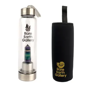 Stylish Gemstone Water Bottle with Fluorite Crystal Point, 16 oz, BPA Free Glass, Neoprene Sleeve Included - Drinkware