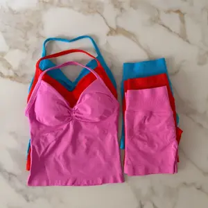 workout  women Impact Gym  2pcs Longline Strappy Top Workout Vest Scrunch Shorts Sports  Suit Fitness Clothes Seamless Yoga   pickles and pins set eco friendly activewear cotton tank bra Traditional Embroidered Muslim Robe wrinkle-free shirt Halter