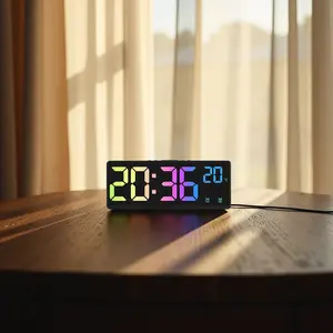 Voice Control Colorful Digital Alarm Clock Temperature Date 2 Alarm Night Mode 5 Level Brightness Snooze Table Clock 12/24H Anti-disturb Function Electronic LED Clock---Without Battery Multifunctional Alarm Clock