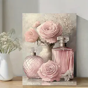 1 Piece Vintage Floral Canvas Wall Art, Canvas Prints - Pink Roses and Perfume Bottle Pastel Poster, Bathroom Decor, Dressing Room Oil Painting, Cottage Style Living Room Decor, Women's Wooden Frame Artwork, Housewarming Gift, Vinta