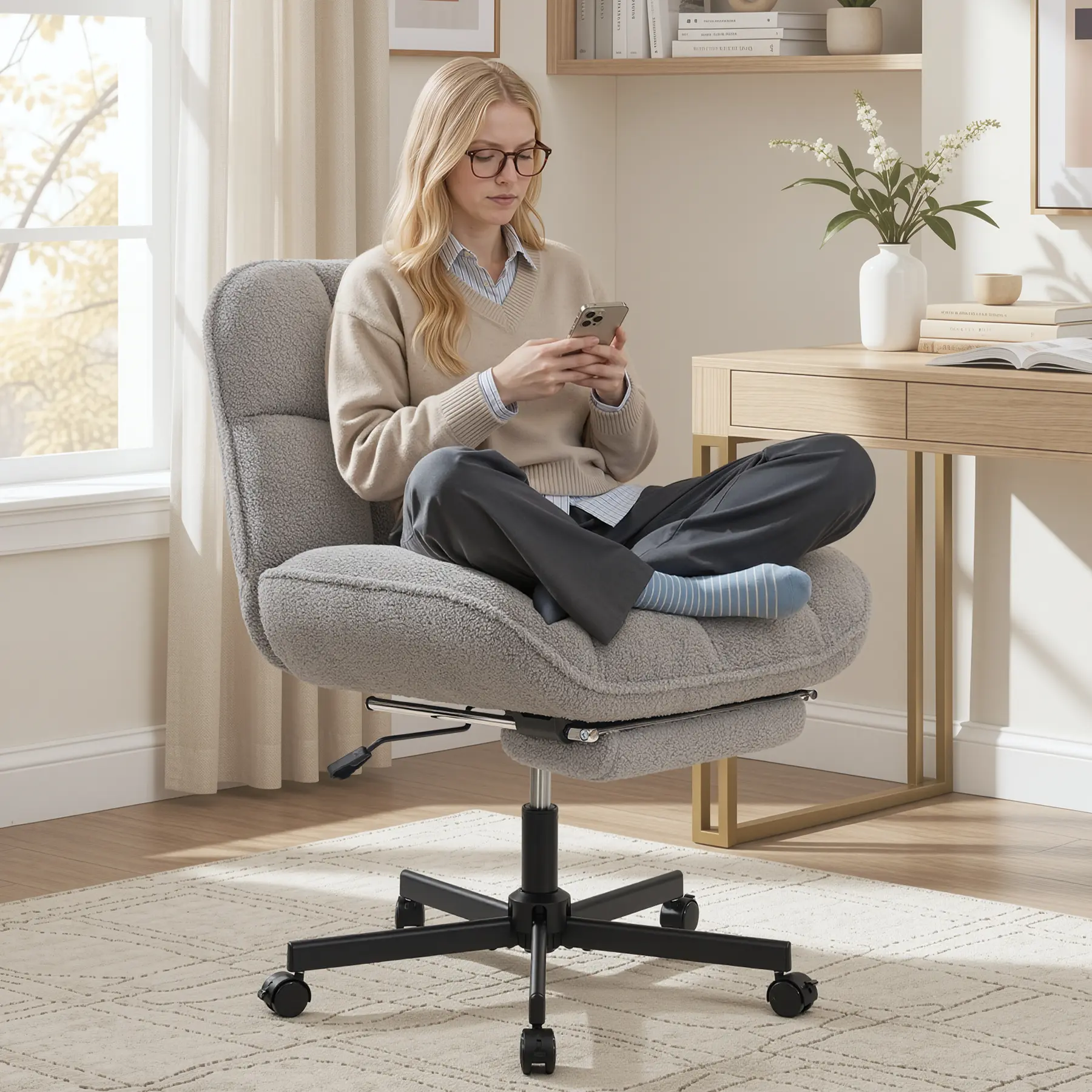 Cross Legged Chair with Foot Rest, Thick Cushioned Criss Cross Chair with Wheels, Armless Wide Seat Reclining Desk Chair, Height Adjustable Cross Legged Office Chair for Home Office, Grey