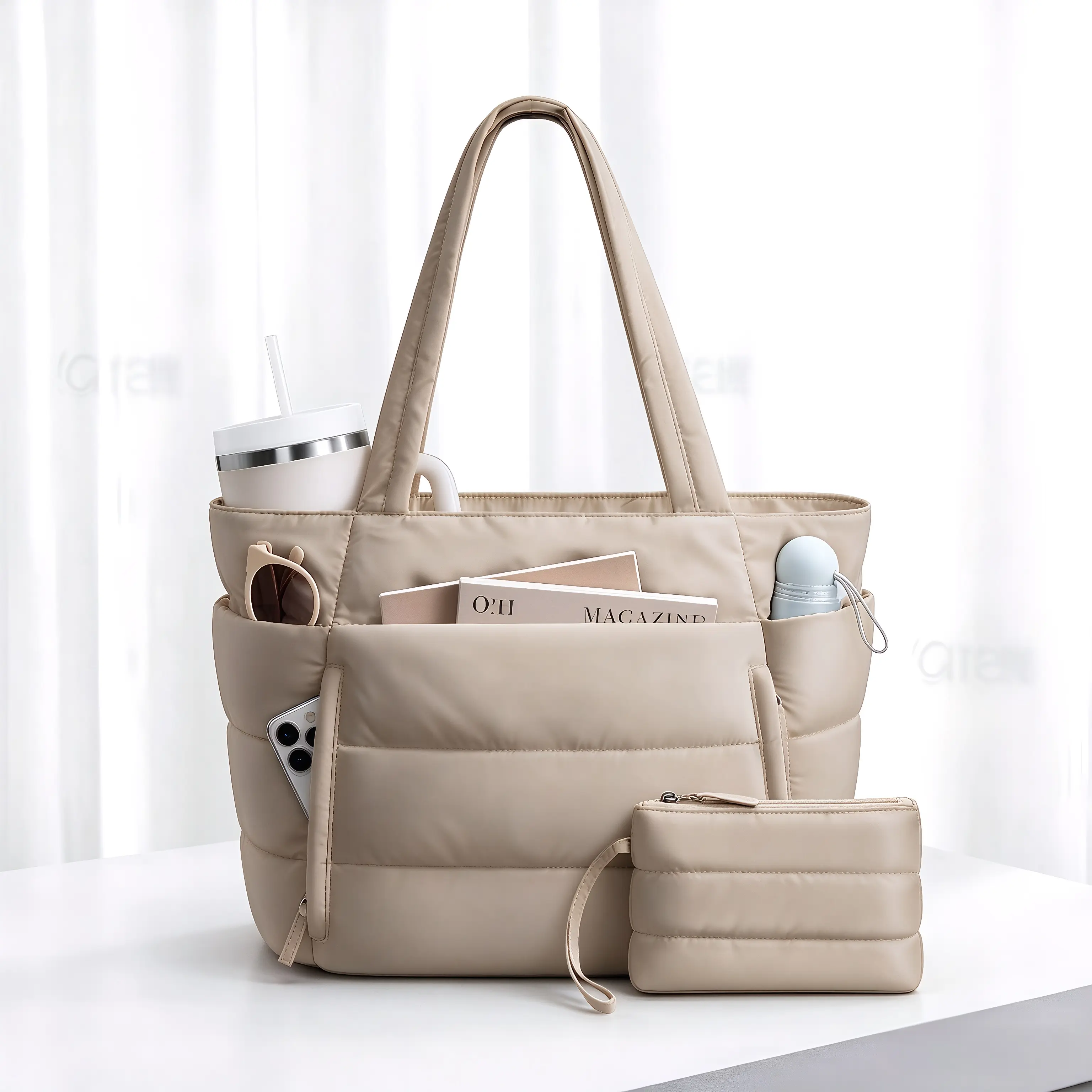 Women’s Large Quilted Puffer Tote Bag - Lightweight Laptop Shoulder Handbag with Matching Makeup Pouch, Zipper Closure - Everyday Purse, Accessories for Women (for Work, Travel)
