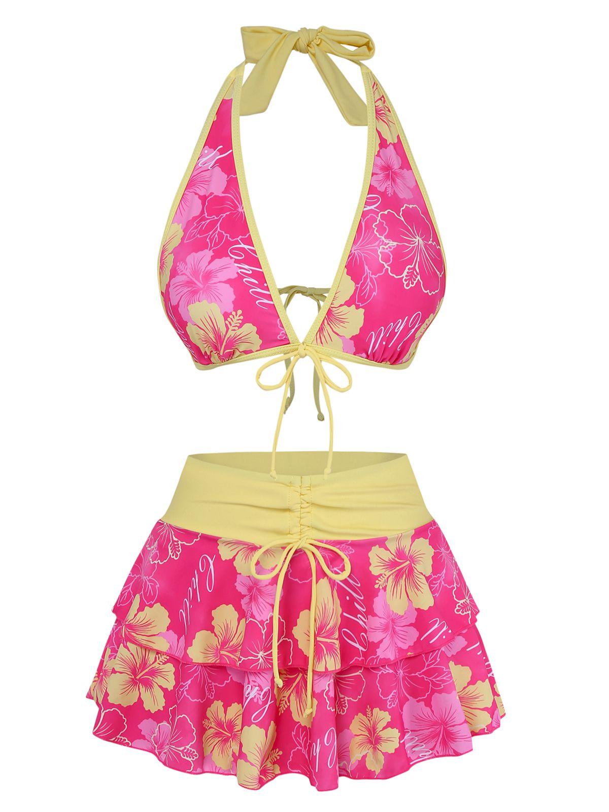 Pink 1960s Tropical Floral Print Tie-Front Layered Hawaii Bikini Set