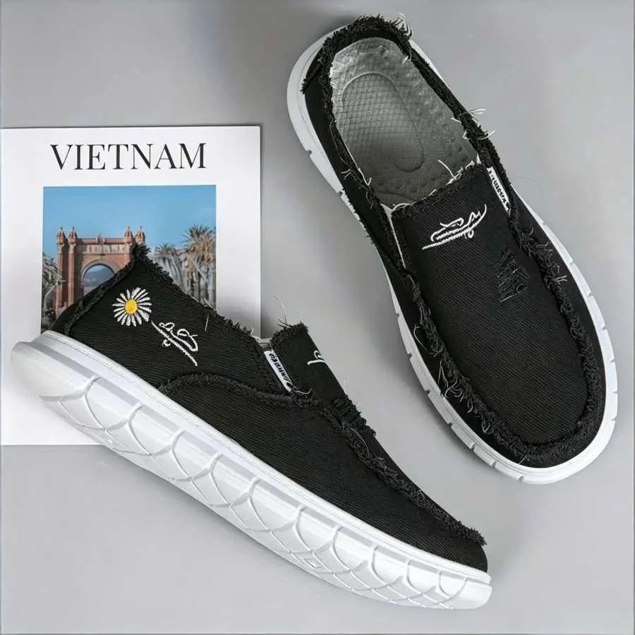Men's Canvas Loafers, Breathable Fabric Slip-On Walking Shoes with Daisy Embroidery and a Non-Slip Sole, Casual, Slip On Classic