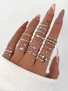 Women's Rhinestone Decorated Elegant Fashion Rings with Star & Heart Design (22pcs) Dainty Stacking Rings, Casual Trendy Rings for Party, Daily Clothing Decor, Trendy All-match & Exquisite Jewelry Accessory for Birthday Gift