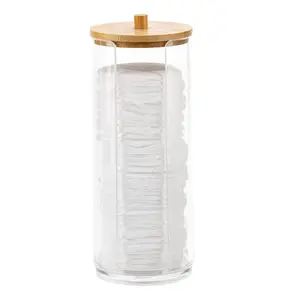 Acrylic Makeup Cotton Pad Holder, Clear Transparent Cotton Pads Organizer Dispenser Bathroom Jars for Round Cotton Display Stand Cosmetic Makeup Storage Box with Lid, Bamboo Lid