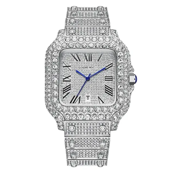 Dayand Night Luxury Iced-Out Moissanite Watch, Silver Roman Numeral Quartz Fashion Accessory for Men & Women, Ideal for Business or Daily Wear, Men's Accessories, Accessories For Women