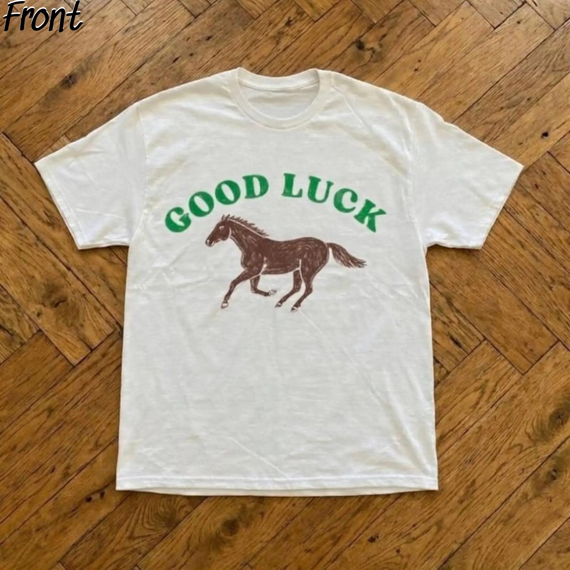 Good Luck Horse Graphic Tee, Cute Trendy Tee, Weirdcore Gen Z Tee, Grunge Gothic Tees, Aesthetic Shirt, Funny Y2k Unisex Graphic Tees, Gen Z Humor Tee, Y2K Emo Scene Amity Affliction Style, Cowboy Style, Depop, Boho Western Style, Streetwear Vibes