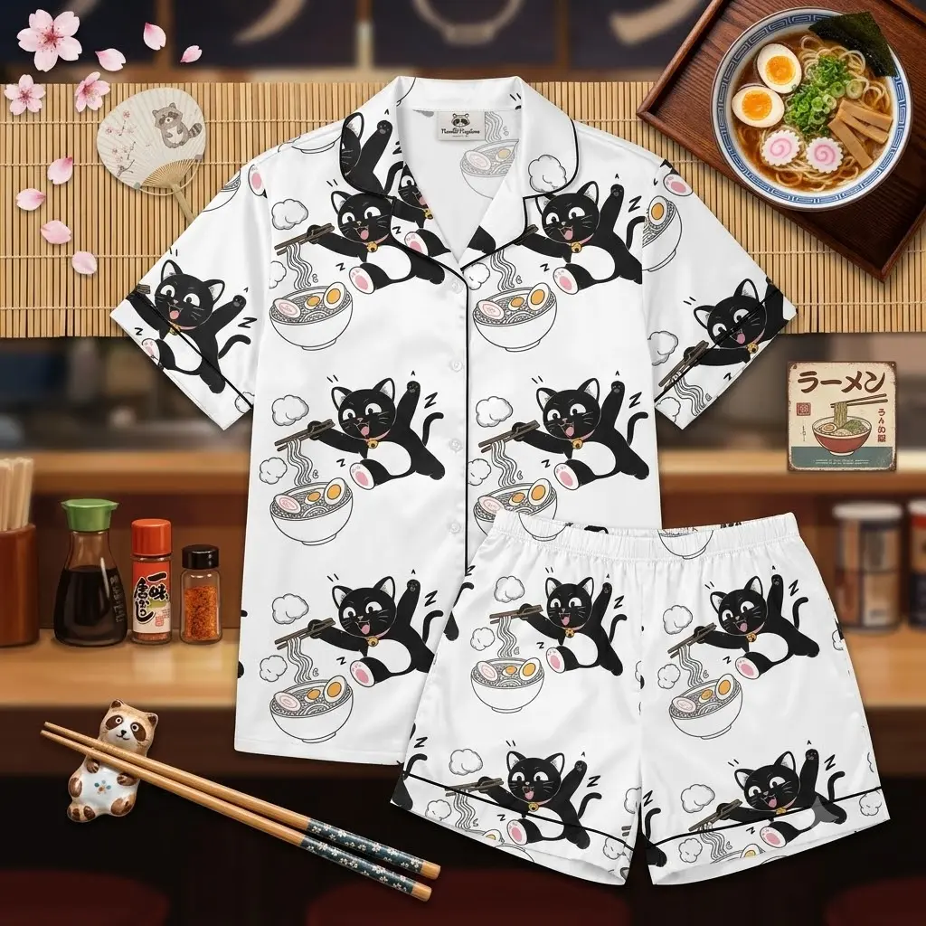 Women's Cute Black Cat Ramen Pajama Set - Soft 2-Piece Short Sleeve Button Down Sleepwear & Shorts. Kawaii Anime Noodle Print Loungewear PJs. Funny Japanese Food Kitty Nightwear for Ladies & Teens. Comfy Summer Home Wear, Perfect Cat Lover Gift