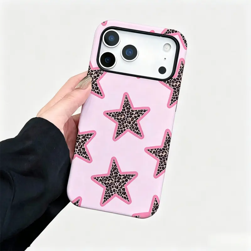 Pink Leopard Print Star Pattern Smartphone Case - Plastic-TPU Protective Cover, Phone Accessory for iPhone 11-17 Plus/Pro/Max, Ideal Birthday Gift for Friends, Accessories