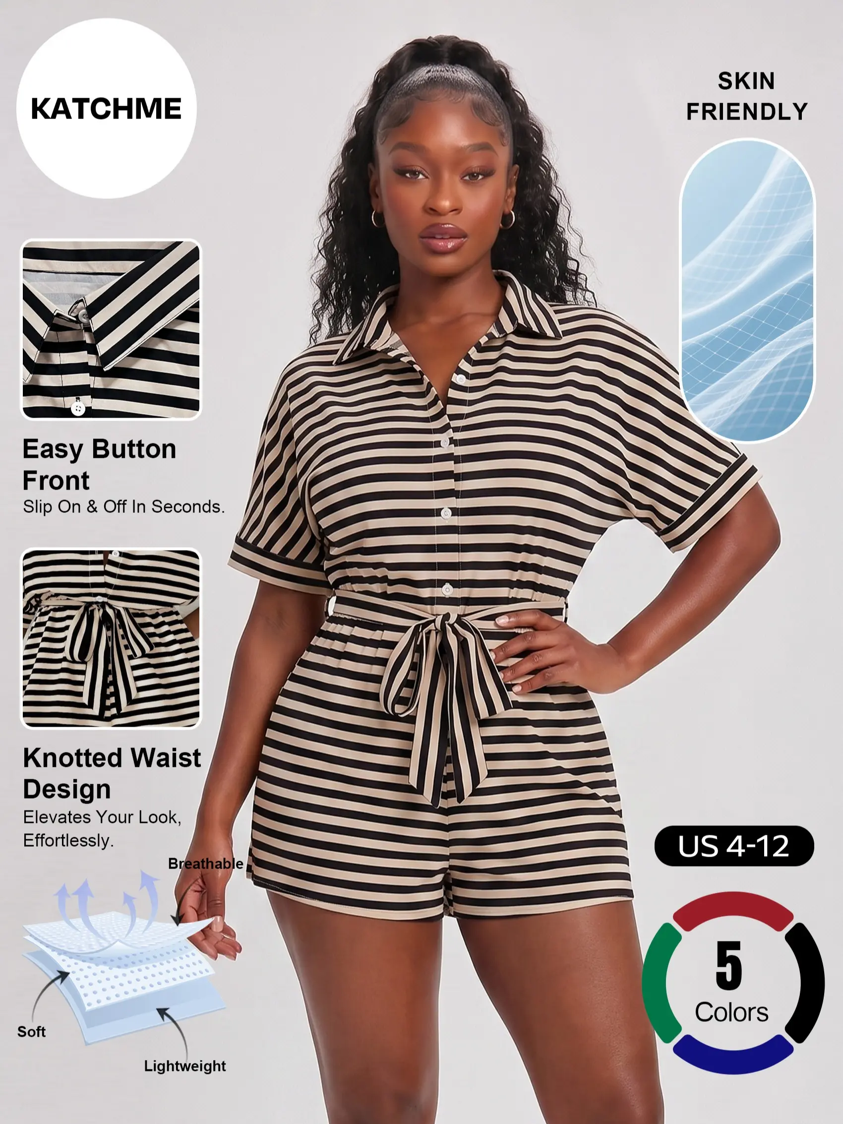 Katch Me Chic Women's Versatile Collared Striped Button Short Sleeve Jumpsuit, Casual Loose Tie-Up Breathable Playsuit, Simple Style Skin-Friendly Daily Outfit