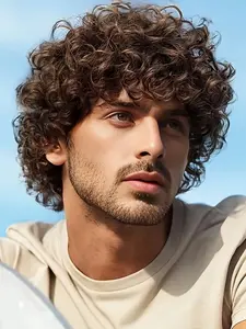 Men's Natural Curled Wave Wig, Dark Brown Short Hair, No Glue Needed, Suitable for Teens and Man Daily Use and Parties