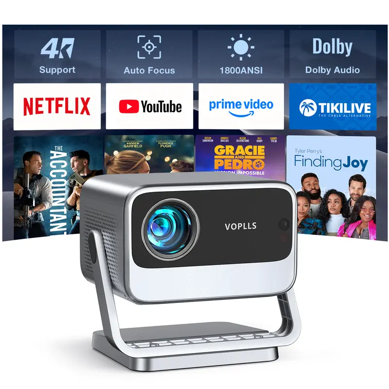 VOPLLS Netflix Certified Smart Projector - Native Full HD 1080P, 600 ANSI Lumens, Dual Auto Focus, Auto Keystone Correction, Built-in 3D Dolby Audio, WiFi 6, Bluetooth 5.0, 50% Zoom, HDMI/USB-C, for Bedroom Home Cinema