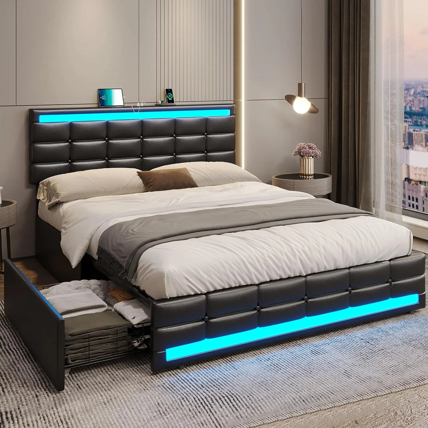 SIKAIC Queen Size Leather Platform Bedroom Bedframe - LED Lights, 4 Storage Drawers, Charging Station, Adjustable Headboard, No Box Spring Needed, Black Modern Bed with Storage Underneath (LED Bed Frames)