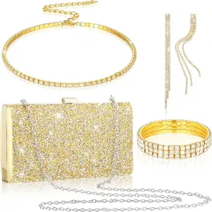 4 s Women Rhinestone Evening Clutch Bag Rhinestone Ear Clip Bridal Wedding Choker Bracelet Dangle Bling Glitter Purse
