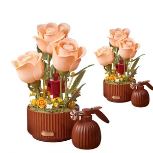 Dynamic Interactive Building Block Flower One Click Blooming Ambient Night Light Educational Assembly Desktop Ornament Perfect Gift(Building block style, requires assembly)