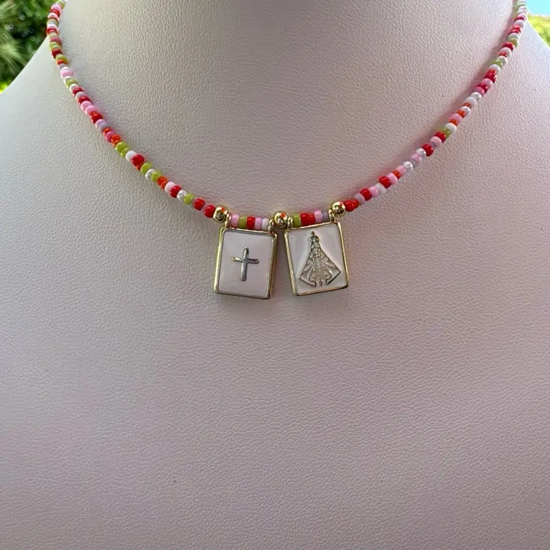 Handmade Beaded Scapular Necklace – Cross & Virgin Charm