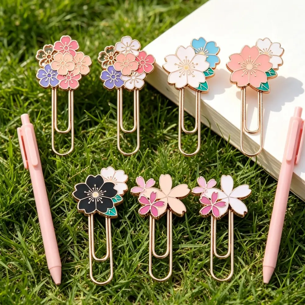 7PCS Cherry Blossom Metal Paper Clips, Cute Enamel Bookmarks, Rose Golden Decorative Paperclips for Journal, Office School Supplies, Aesthetic Stationery Gift