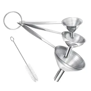 Small Funnels for Filling Bottles, 3 Pcs Stainless Steel Kitchen Funnel Set with Long Handle, Food Grade Mini Metal Funnel Canister Utensils Tin Plastic Spice
