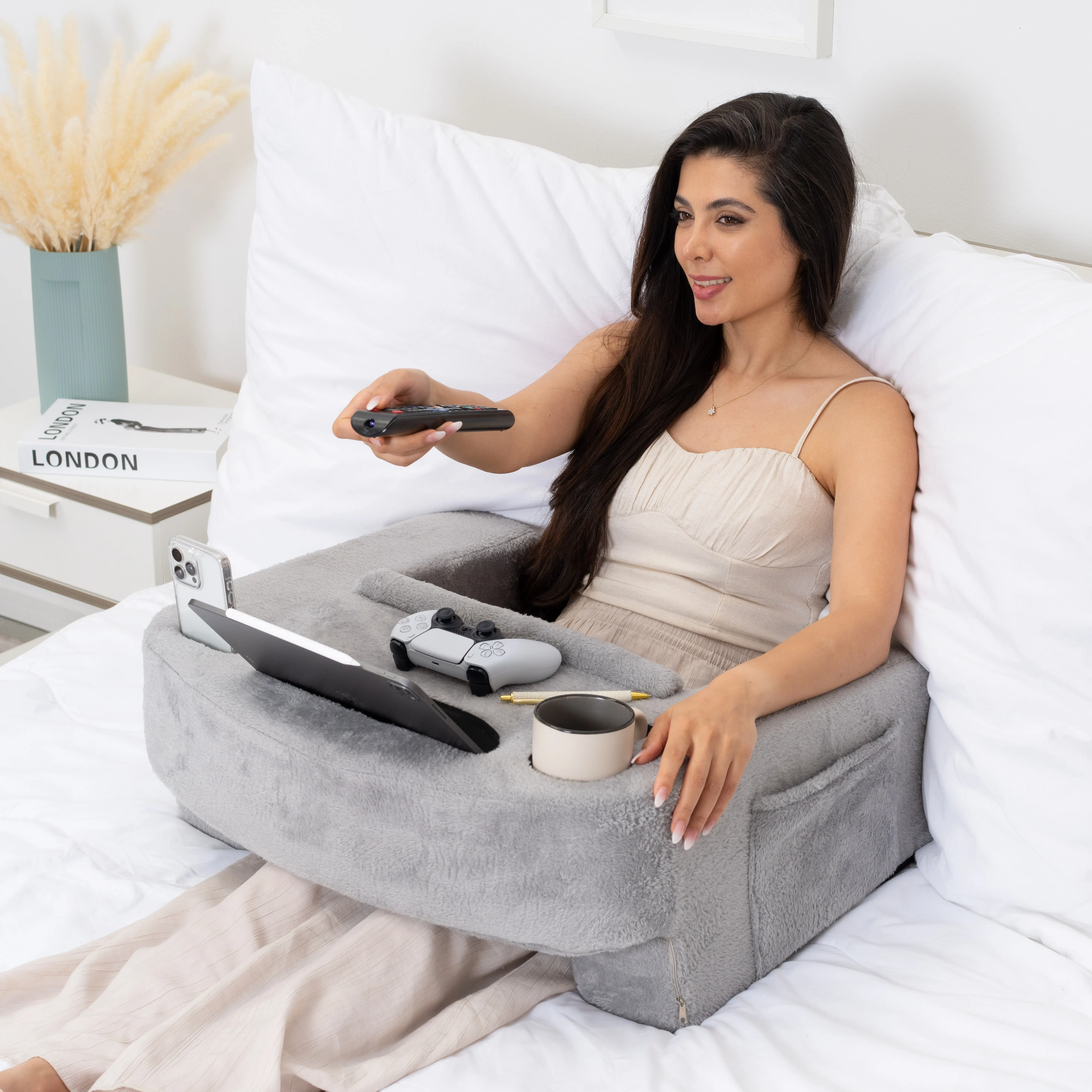TabCouchCaddy Durable Memory Foam Reading Pillow - Gaming Lap Desk with Arm Rest, Cup & Phone Holders, Adjustable Heights, Wrist & Laptop Support, Large Pockets (Furry Gray) - Ideal for Work, Gaming
