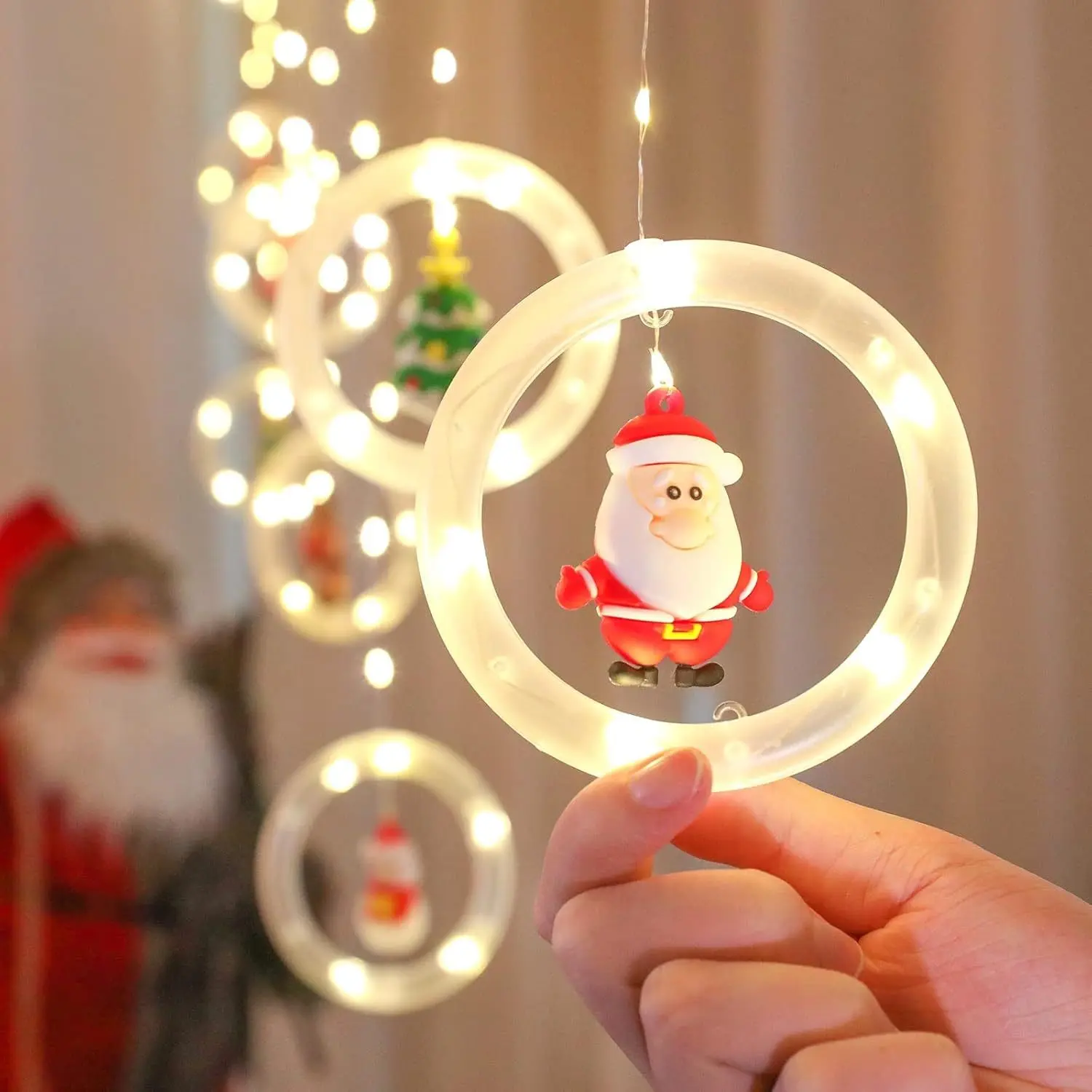 Xmas Themed Hanging LED Ring Curtain Lights, Multi-Style Santa & Reindeer Pendant Fairy String Lights, Indoor Window & Christmas Tree Hanging Decoration for Holiday Party Home Decor