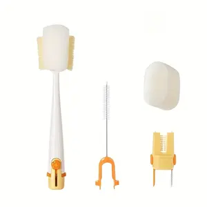 Long-handled Cup Brush Set - Multi-functional Cleaning Tool, Safe Sponge and Stiff Bristle Heads for Bottles/Lids, Detachable Deep Cleaning Dish Scrubber