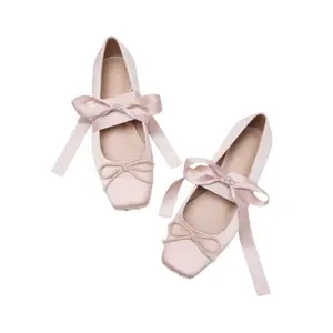 Elegant Satin Ballet Flats with Square Toe, Wide Ribbon Lace-Up Straps, Delicate Bow Accent, Flat Sole – Available in Multiple Colorway Options