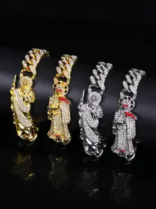2pcs Punk Street Style Saint Jude & Death God Bracelets, Iced Out Cuban Chain Set, Unisex Hip Hop Jewelry for Casual Daily Wear