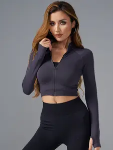 Women's Yoga Jacket Zipper Long Sleeve Slim Fit Stand Collar with Finger Covers, Fall Winter New Style Sportswear Top, Athletic Jackets