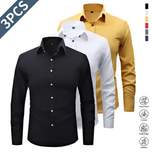 3-Pack Men's Fashion Shirts, Spring and Autumn Casual Breathable Long Sleeve Button Top