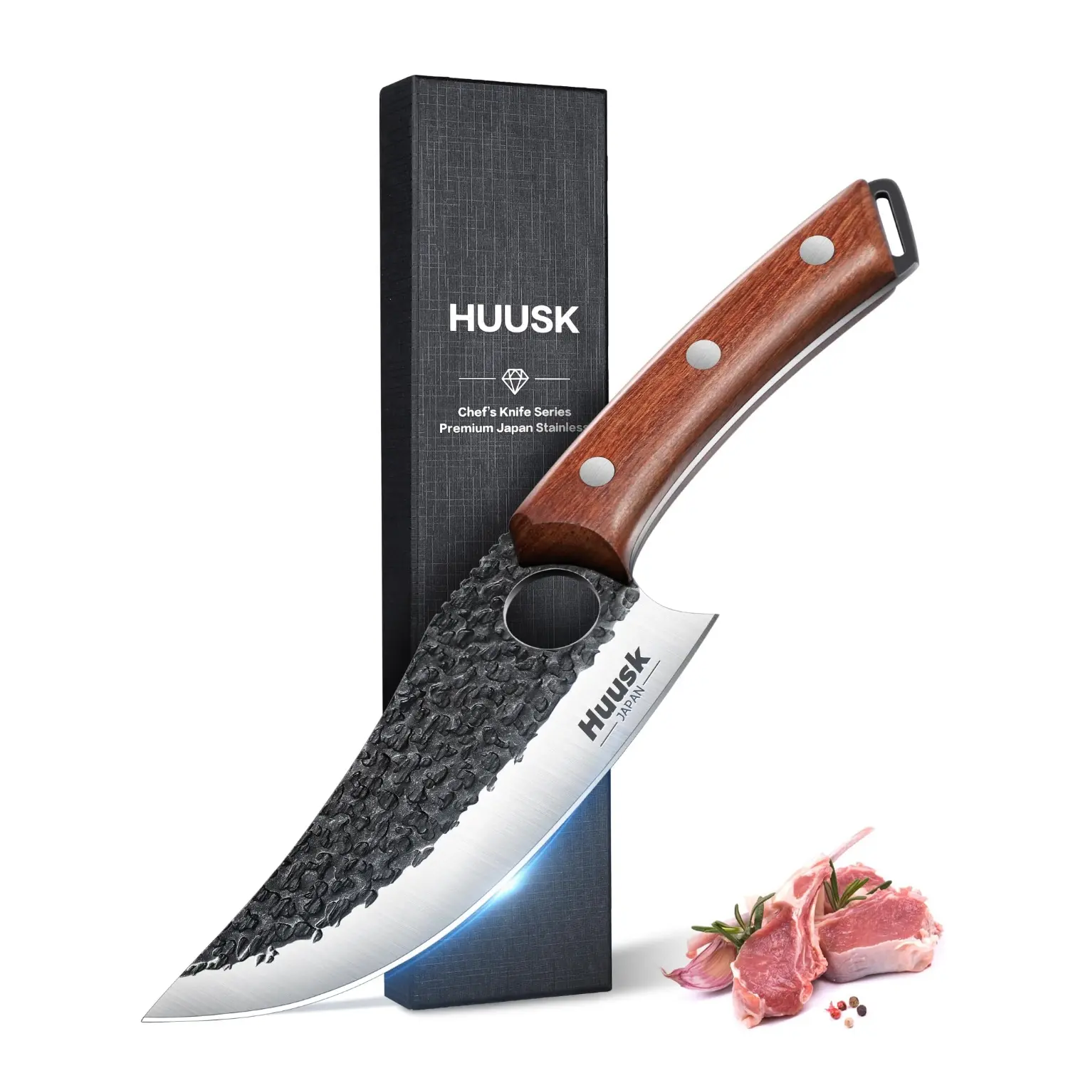 HUUSK Viking Knife – Japanese Butcher Knife for Meat Cutting, Hand Forged Boning Knife with Ergonomic Wood Handle, High Carbon Steel Chef Knife for Camping, BBQ, Birthday Gift for Men
