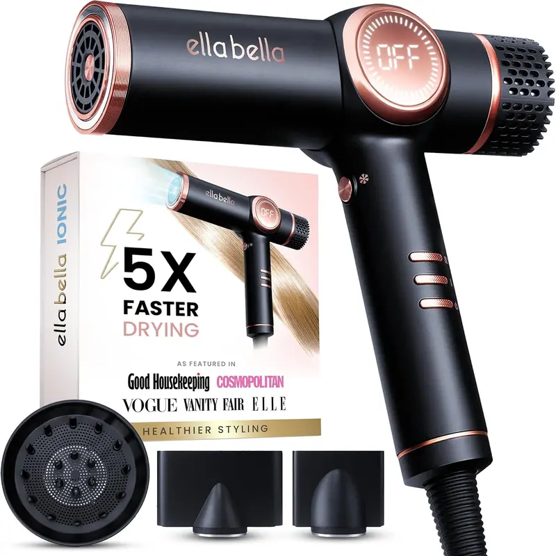 Ella Bella Ionic Hair Dryer Black Corded Electric Lightweight Ionic Technology Fast Drying for All Hair Types with Three Magnetic Nozzles