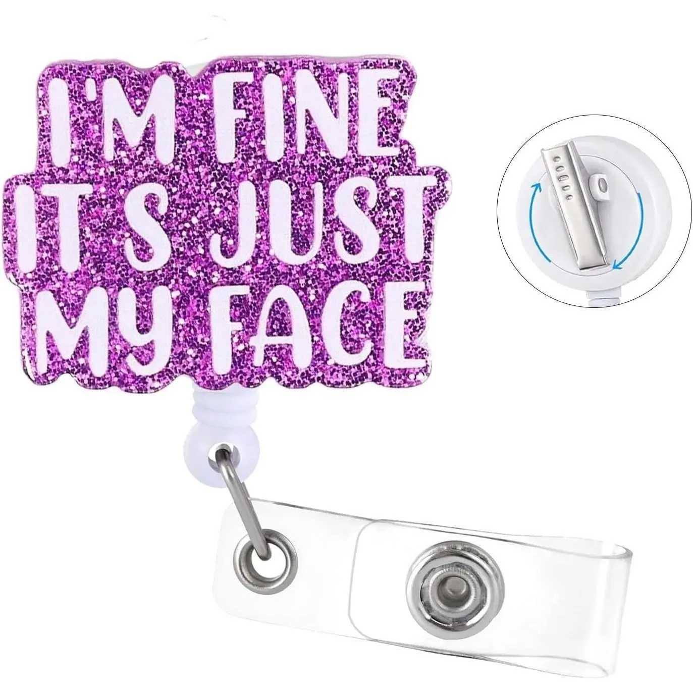 BY-339  I'm Fine It's Just My Face Badge Reel with Swivel Alligator Clip ID Badge Holder keychain Funny Glitter Badge Reel Retractable Clip for RN LPN CNA Nurse Doctor Assistant Medical Staff