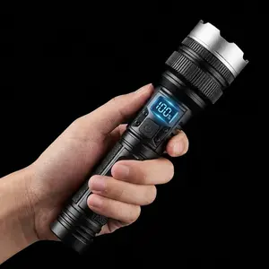 EXOVAN 2-in-1 Strong Flashlight (Power Bank)，Digital display of power, Rechargeable，Zoomable, , X4Waterproof, Adjustable Brightness Flash Light for Outdoor, Emergency, Camping Accessories，Black