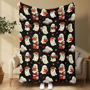 Cute Ghost Reading Pattern Blanket, Camping Picnic Sofa Throw, Halloween Decor, Warm Cozy Home Decoration, Multi-Functional Use summerwins