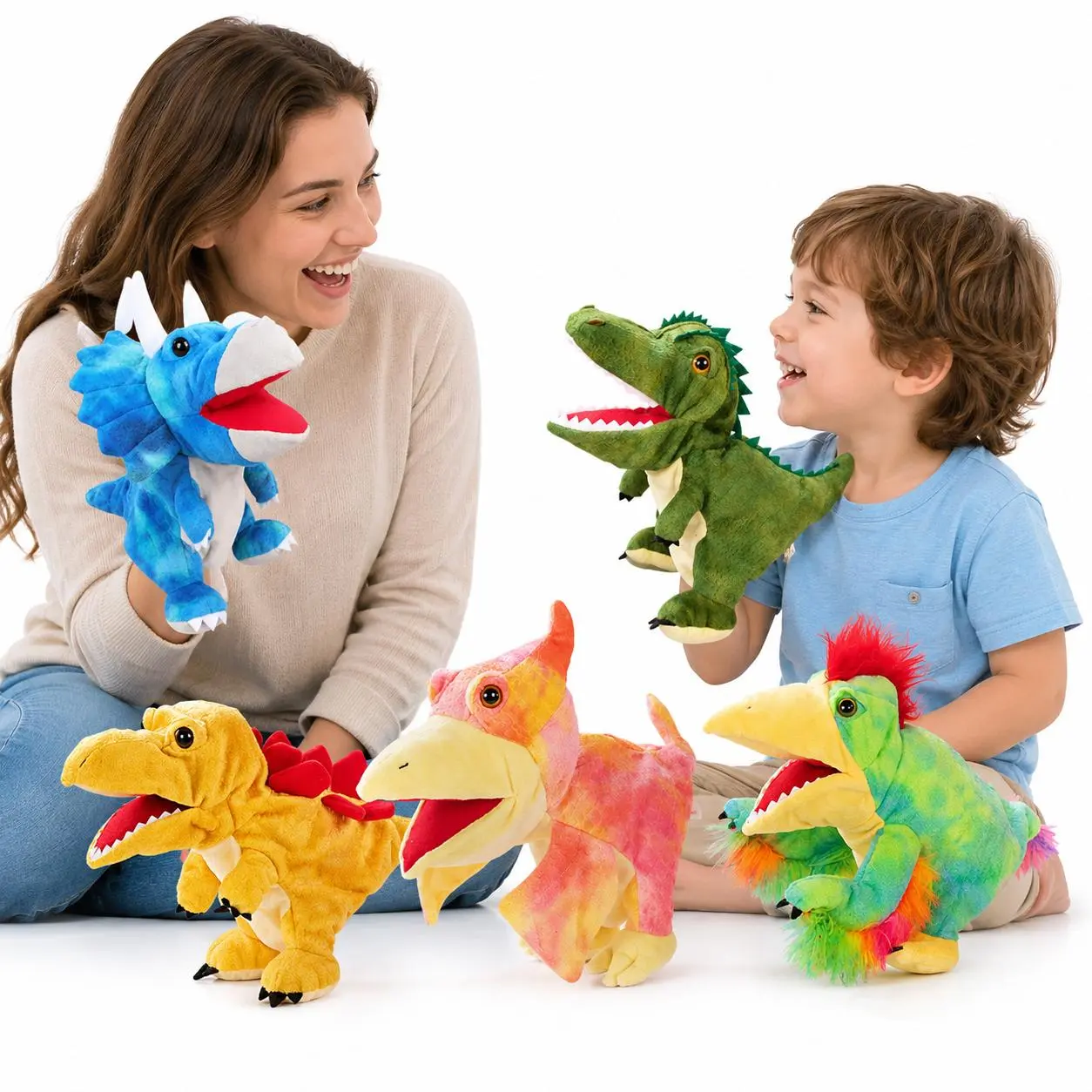 5 Styles Dinosaur Hand Puppet Soft Plush Dino Toy for Kids Storytelling, Role Play, Family Playtime and Classroom Activities
