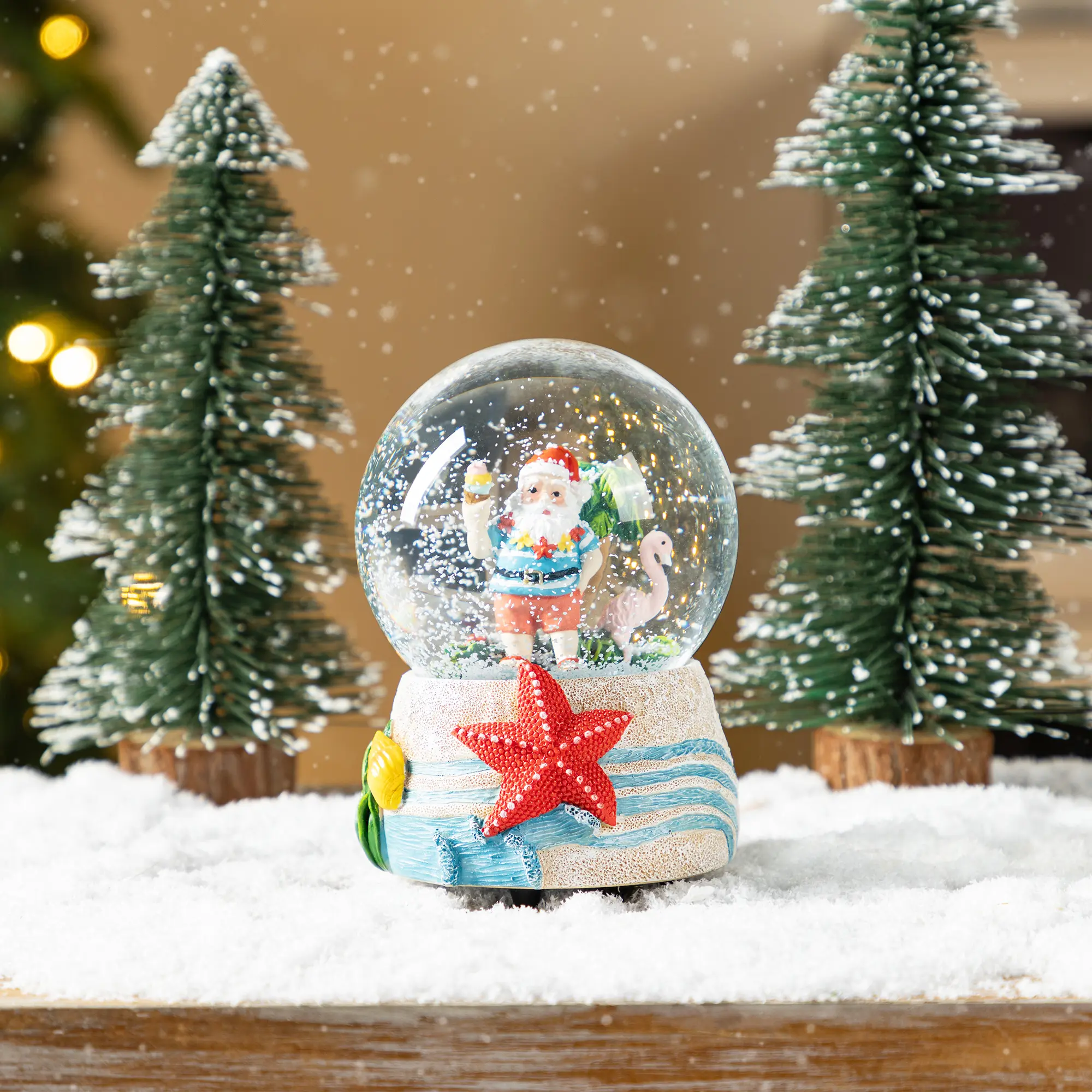 Glitzhome 100mm Resin Musical Christmas Waterglobe, Whimsical Snowflakes & Tropical Vacation Santa, Santa Holiday Collectible Festive Home Decoration
