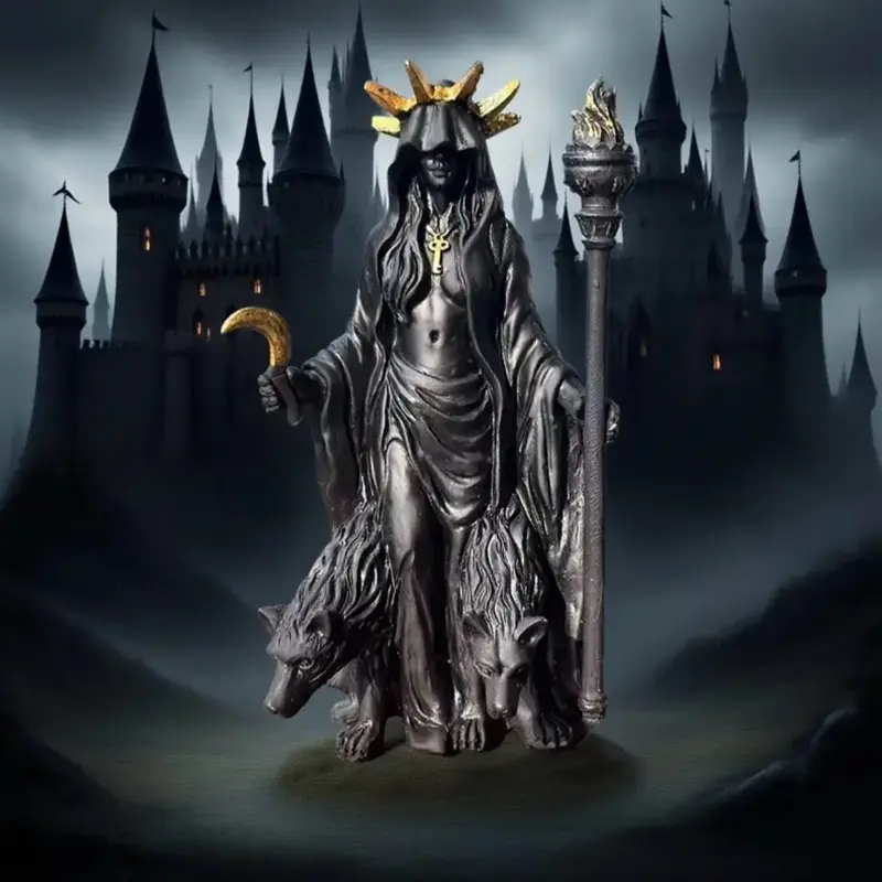 Hecate Statue with Golden Crown & Torch - Detailed Sculpture