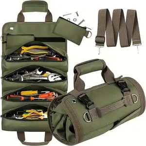 Portable Tool Roll Bag for Electricians & Mechanics 4 Compartments 2 Detachable Tool Bags Heavy Duty Carpenter Tool Belt Green Practical Organization