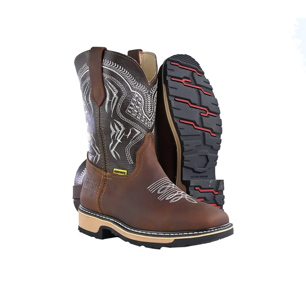 Men's western style work boots TANG genuine leather Dual Density oil resistant soft toe square toe / Botas de trabajo estilo rodeo anti deslizantes ligeras