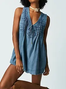 DENIM V-NECK PLEATED ROMPER