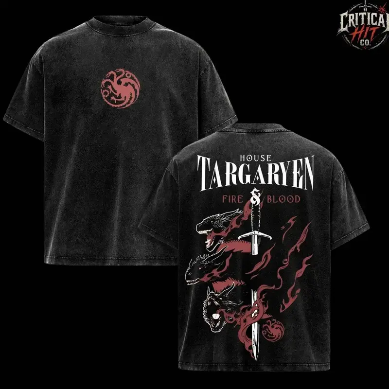 Vintage Acid Wash House Targaryen Graphic T-Shirt | Retro Fire & Blood Dragon Bootleg Tee | Targaryen Sigil Front & Three-Headed Dragon Large Back Print | Oversized Heavyweight Fantasy Streetwear Men Women Y2K Apparel U8A