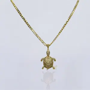 DIDIRAY 14k Gold Plated Turtle Pendant Necklace on Cuban Link Chain 22 Inch Hypoallergenic Everyday Wear Jewelry Classic Design